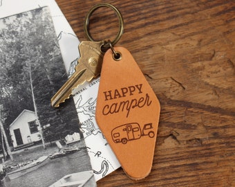 Happy Camper Leather Motel Keychain, Camping Keychain, Camper Gift, RV Gifts, RV Keychain, Travel Trailer Retro Camper Key, Airstream Gift