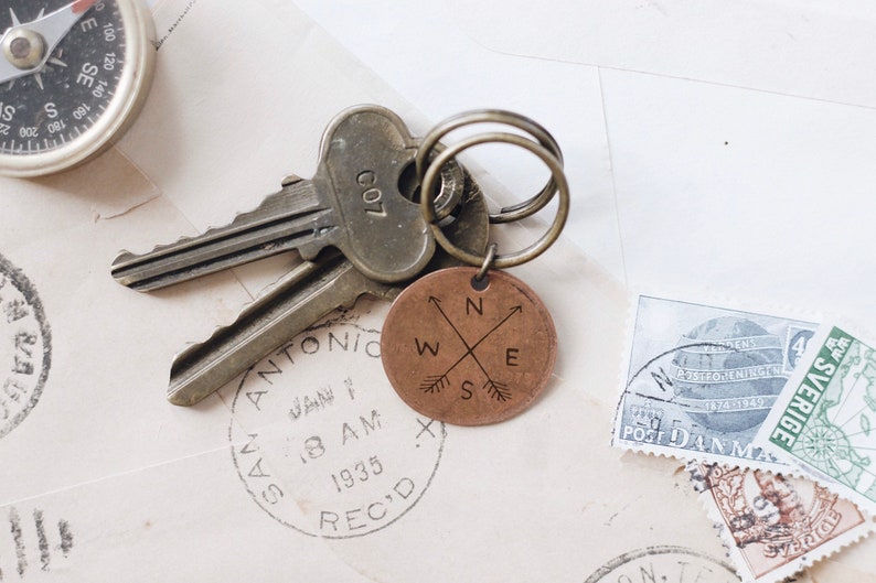 Compass Hand Stamped Penny Keychain Travel Accessory Arrow