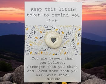 Handmade Ceramic Wish Token: Pocket Hug Keepsake with Message Card 'You are Braver...'  Made in UK