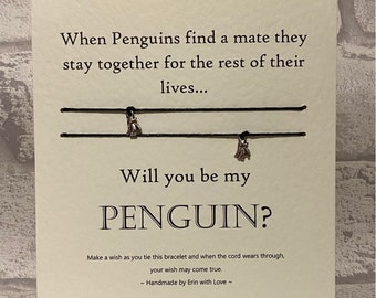 Double Wish Bracelet - Will you be my Penguin? - Tibetan Silver Charm & Message Card - Wedding - Engagement - Gift -  Handmade By Erin