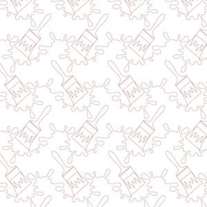 May include: A seamless pattern of paint brushes with paint splatters. The brushes are outlined in red and the splatters are white.