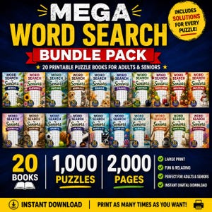 May include: A Mega Word Search Bundle Pack featuring 20 printable puzzle books for adults and seniors. The collection includes 1,000 puzzles across 2,000 pages with large print. Themes include birds, flowers, nature, animals, beach, travel, and more.