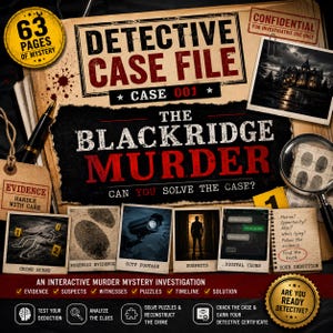 以下が含まれることがあります： 「The Blackridge Murder」と題された探偵事件ファイルゲーム。63ページの謎解き用フォルダー、虫眼鏡、犯罪現場の写真、指紋の証拠、監視カメラ映像、容疑者のプロフィール、デジタルな手がかりが含まれており、インタラクティブな捜査を楽しむことができます。