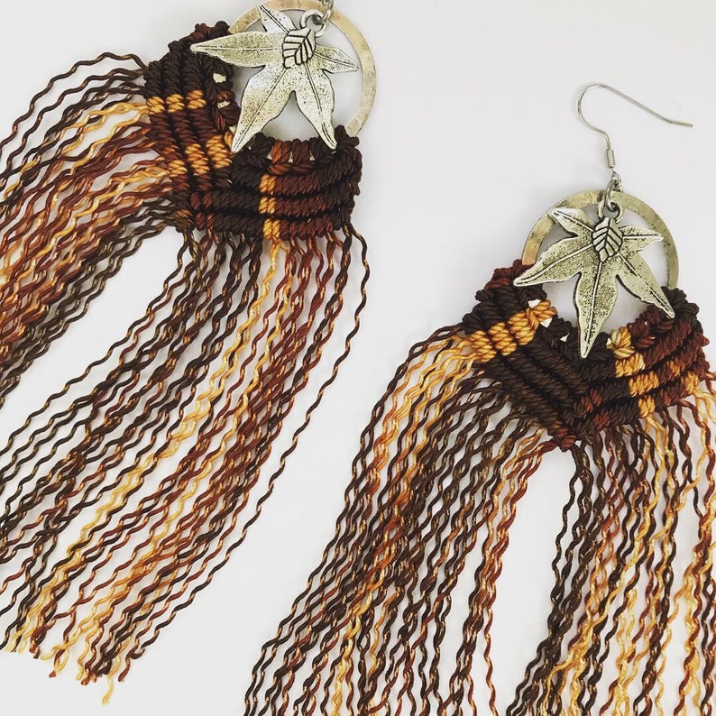 macrame earrings long earrings fall earrings Maple leaf earrings