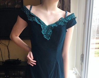 Vintage 80/'s Zum Zum Deep Purple Velvet Sequin Design Long Neck Strap Dress with High Slit