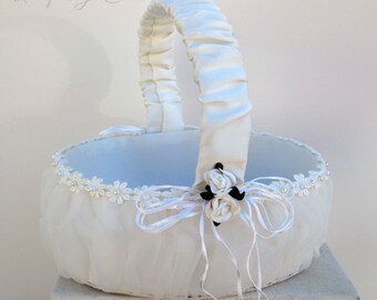 Flower girl basket, Ivory flower girl basket, Satin wedding basket, Flower girl accessories
