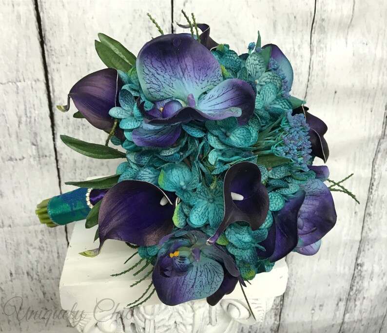 Teal wedding bouquet Purple calla orchid bouquet Turquoise