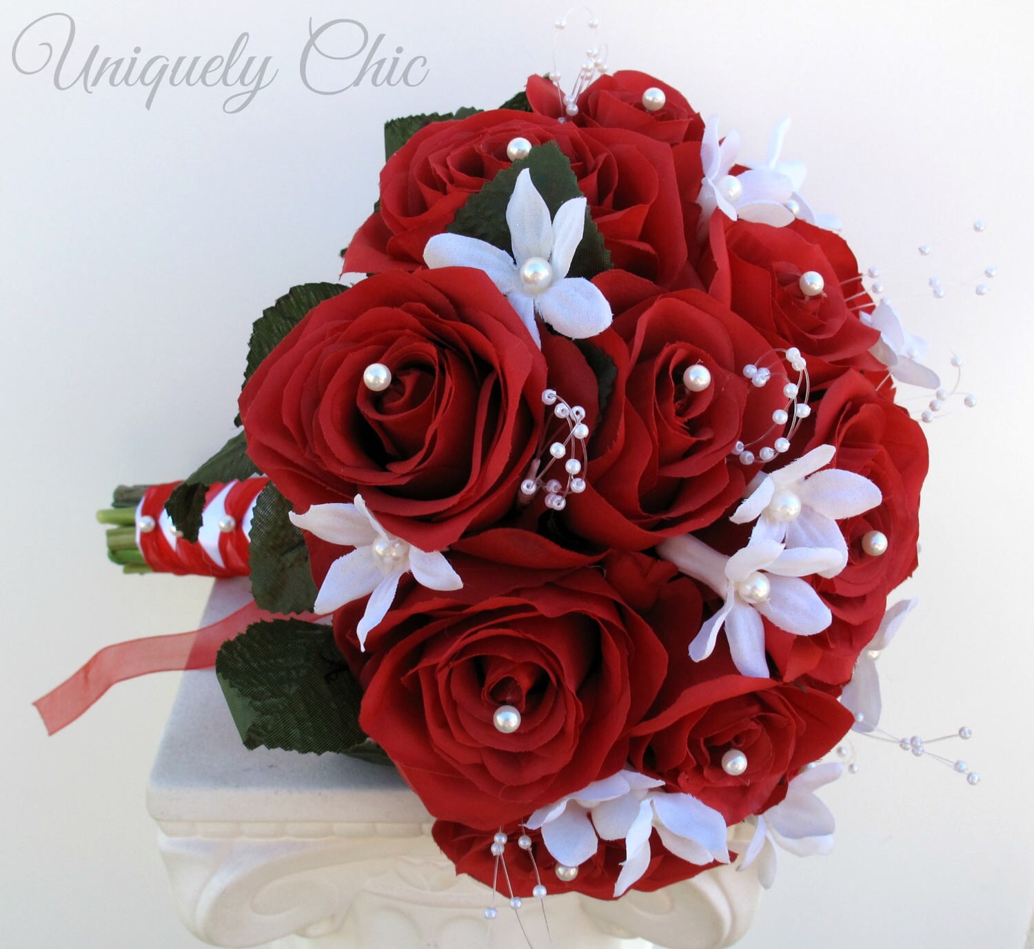 Red Rose Wedding Bouquet Pearl Bridal Bouquet Romantic Rose Etsy