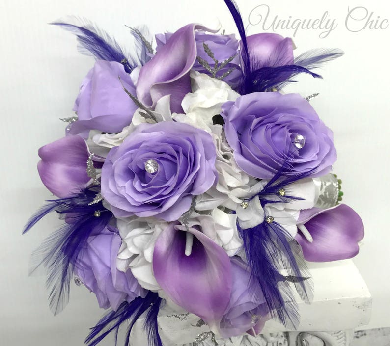 Purple lavender Rose bridal flowers for brides Wedding bouquet Bling calla lilies with feathers and silver Rhinestones bridesmaids