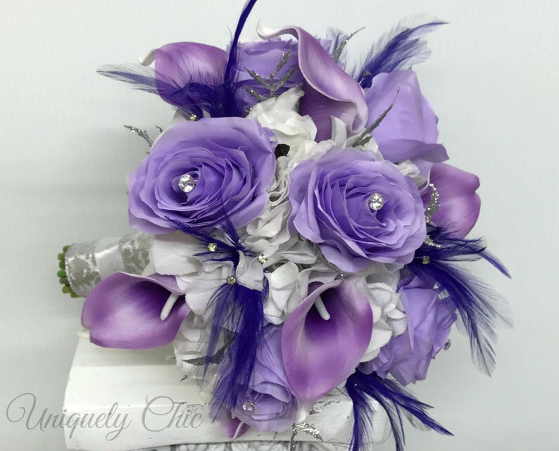 Purple lavender Rose bridal flowers for brides Wedding bouquet Bling calla lilies with feathers and silver Rhinestones bridesmaids