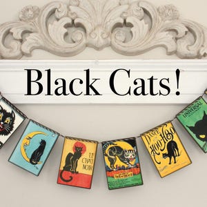 BLACK CATS! Garland: black cat posters,Halloween banner, vintage ad art, Party bunting, cat lover