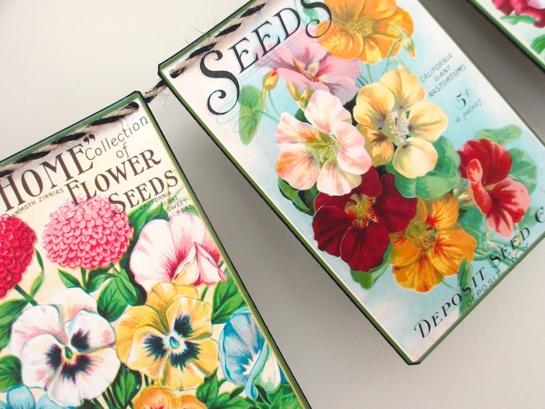 May include: A vintage-style banner with four panels featuring colourful flower illustrations and the text "HOME Collection of FLOWER SEEDS", "SEEDS", "CALIFORNIA GIANT NASTURTIUMS 5&cent; a packet", and "DEPOSIT SEED CO. DEPOSIT, ILL."