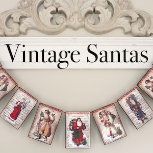 VINTAGE SANTAS Garland--Christmas banner, Santa banner, Xmas gift, Xmas Mantel, VICTORIAN Xmas, Xmas sheet music, Xmas office decor,
