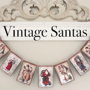 VINTAGE SANTAS Garland--Christmas banner, Santa banner, Xmas gift, Xmas Mantel, VICTORIAN Xmas, Xmas sheet music, Xmas office decor,St Nick