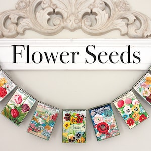 FLOWER SEEDS Garland --Mother's Day gift, Spring/Summer banner, Seed packets,gardener gift,FLOWERS, Gardening banner, Mantel, Farmhouse,