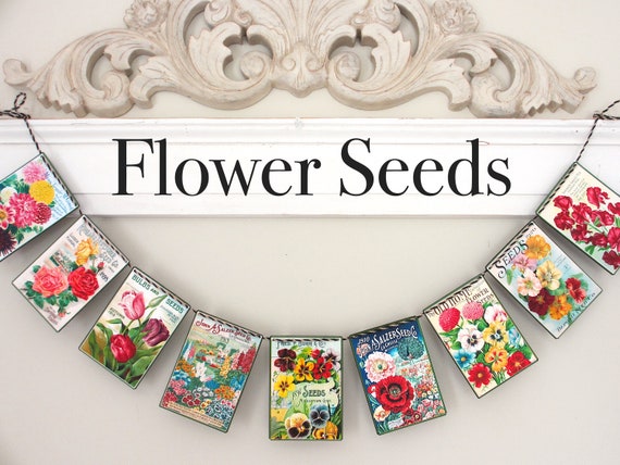 FLOWER SEEDS Garland --Mother's Day gift, Spring/Summer banner, Seed packets,gardener gift,FLOWERS, Gardening banner, Mantel, Farmhouse,