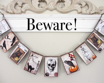 BEWARE! Garland--Halloween banner, Dracula, Halloween gift, Skulls, Halloween party, Mantel, pumpkins, owls, Frankenstein, ravens