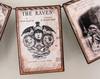 May include: A vintage-style banner with a black and white illustration of a raven and the text "THE RAVEN" by Edgar Allan Poe, illustrated by Gustave Doré.