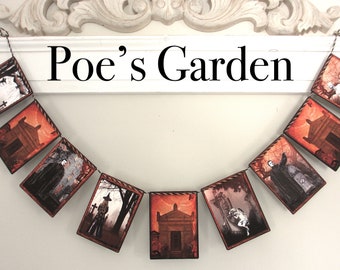 POES GARDEN garland, Halloween banner, Halloween decor, raven, Edgar Allan Poe, Halloween gift, Halloween party decor, Fall