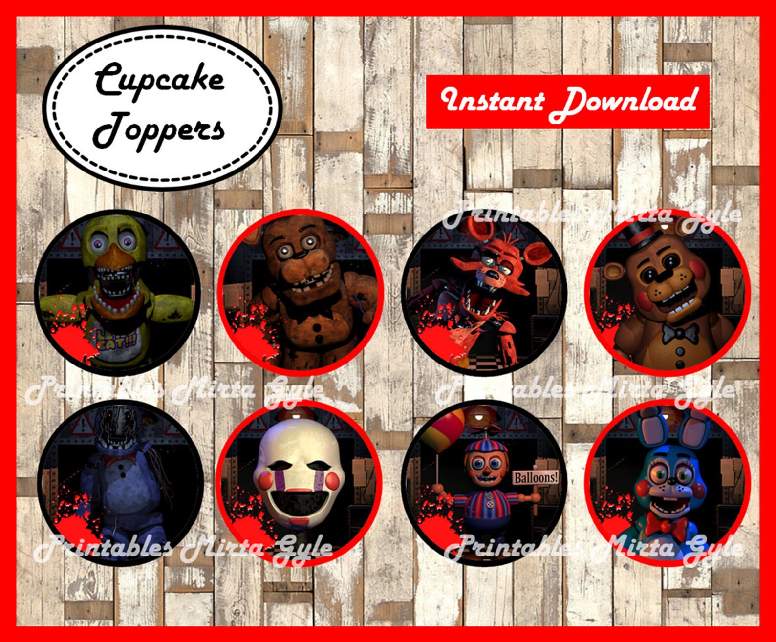 Five Nights at Freddys cupcakes toppers printable FNaF party | Etsy