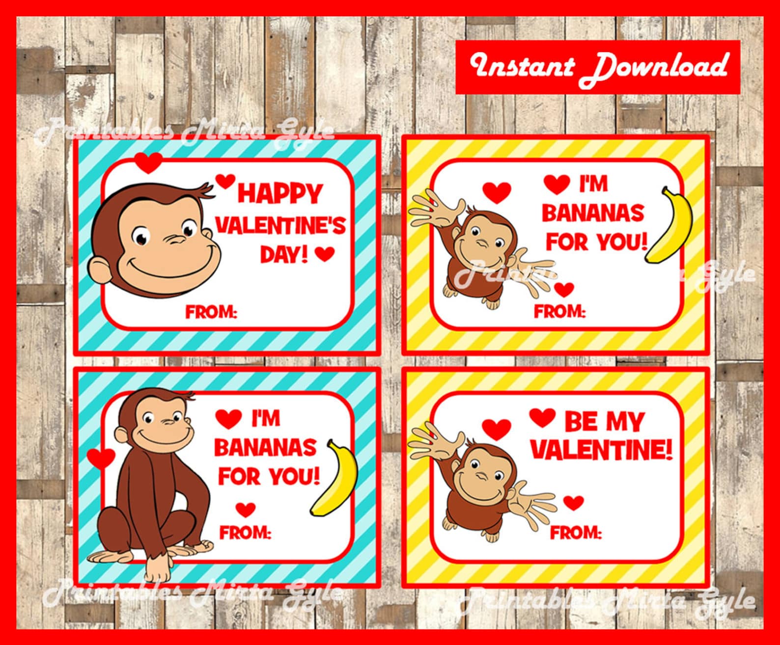 Curious George Valentine's Day Cards instant download | Etsy