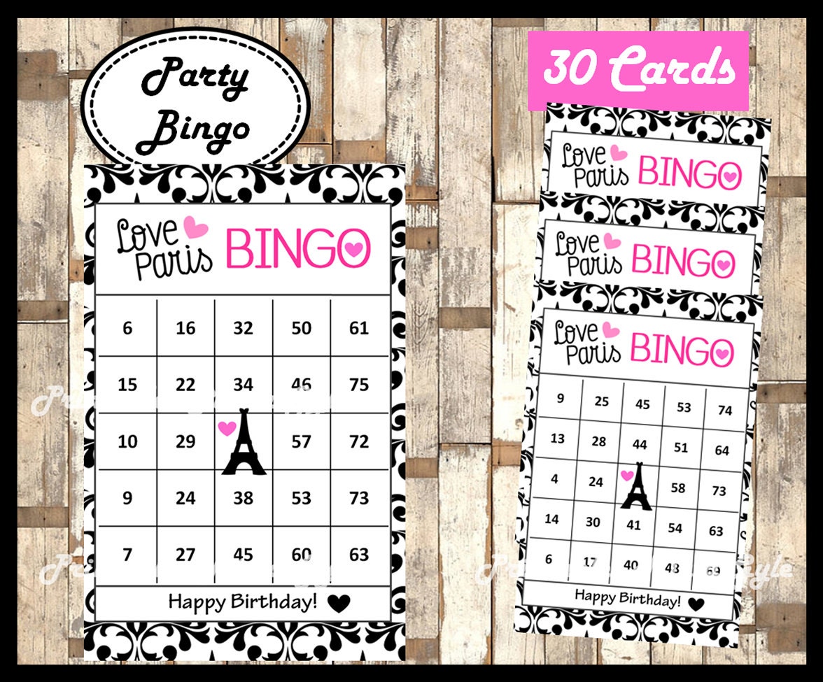 Paris Bingo 30 cards printable Happy Birthday Bingo cards | Etsy