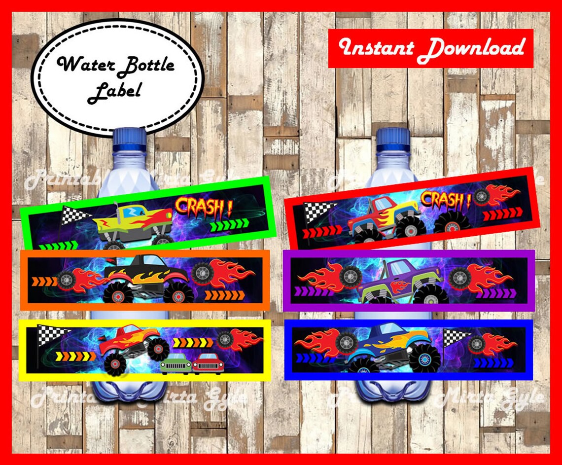 Monster Truck Water Bottle Label printable Monsters Trucks | Etsy