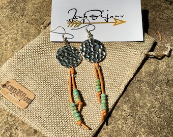 Boho earrings, long, hammered disc, leather tan and green turquoise beads.