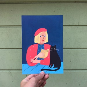 Art print And so the days go by, musing in quarantine. A5 mini poster card girl with a black cat