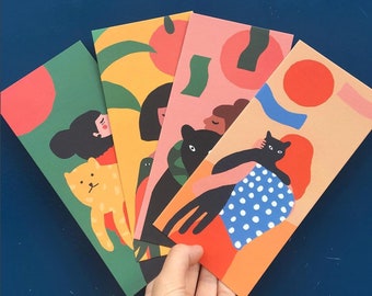 Lot de 4 cartes postales colorées filles de la jungle, un oiseau, une panthère, un jaguar, un chat