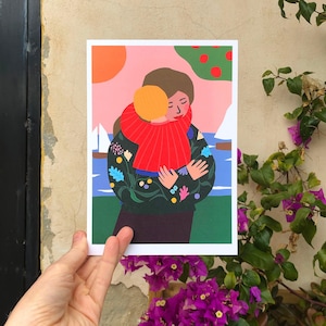 Art print Hugs on a bright and sunny day with cute sailboats sailing the blue sea A5 or A4