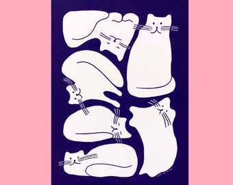 Art print Composition of six cats A5 or A4 poster