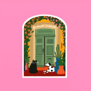 Art print La Maison Ensoleillée. A sunny house with flowers, a dog, a cat, plants and a pretty front door.