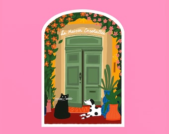 Art print La Maison Ensoleillée. A sunny house with flowers, a dog, a cat, plants and a pretty front door.