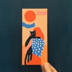 Girl and cat, long postcard