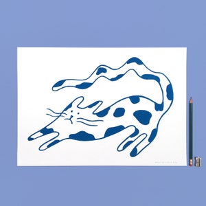 A A3+ silkscreen, Startled cat with spotted cow dots in blue and white