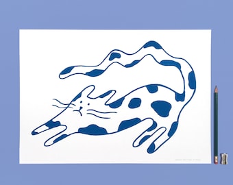 Une format A3 + sérigraphie, Startled chat à pois vache tachetée en bleu et blanc
