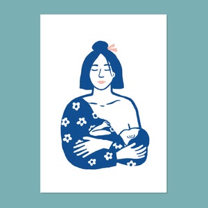 Impression d’art Maman qui allaite en mini-affiche / carte bleue A5.