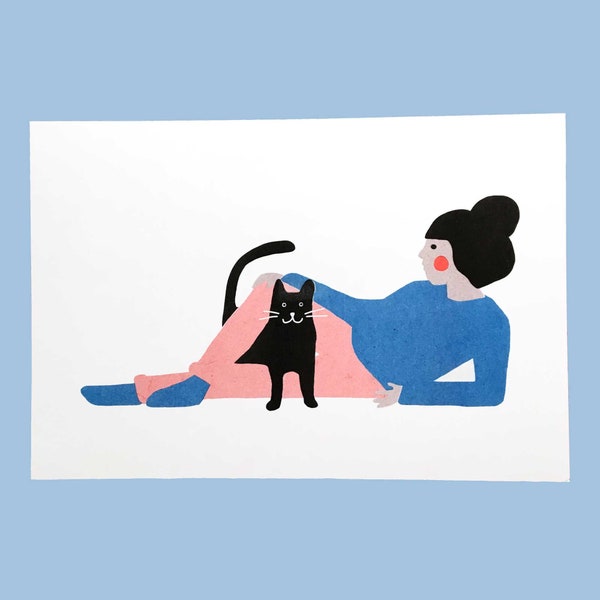 Some cat love' riso graph, print of a woman and a cat