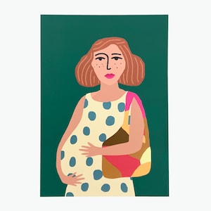 Art Print Mom in a polka dot dress on a green background A5 mini poster / card.