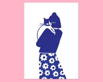 Impression d'art Femme et son chat A5 mini poster / carte.