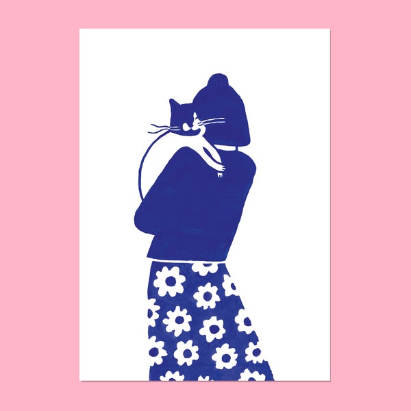 Art print Woman and her cat A5 miniposter / card.