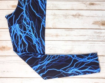 Athletic Spandex Leggings, Blue Neon Lightning Leggings, UV Glow Leggings, Neon Lightning, Blue Lightning Leggings, Black Light Workout