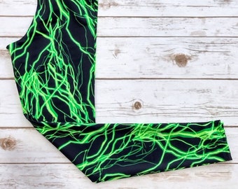 Athletic Spandex Leggings, Green Neon Lightning Leggings, UV Glow Leggings, Neon Lightning, Green Lightning Leggings, Black Light Workout