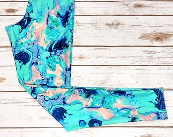 Athletic Spandex Leggings, Alcohol Ink Leggings, Blue Paint Swirl Leggings, Beach Leggings, Blue Workout Leggings, Squat Proof Leggings