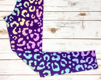 Kid's Leggings, Animal Print Leggings, Pastel Rainbow Animal, Purple Cheetah, Rainbow Leopard, Leopard Leggings, 90s Rainbow Leggings