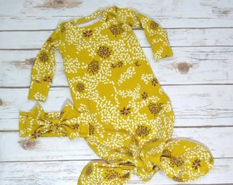 Knotted Baby Gown, Mustard Boho Flower Baby Gown, Fall Boho Mermaid Baby Gown, Mustard Floral Baby Gown, Fall Floral Newborn Gown