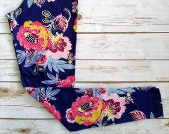 Brushed Poly Leggings, Bold Retro Floral on Navy