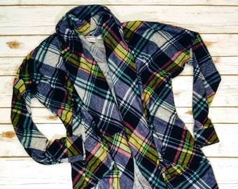 Plaid Comfy Cardigan with Wide Bands, Plaid Sweater w/ Pockets, Oversized Plaid Sweater, Plaid Office Cardigan, Camel Plaid, Teal Plaid