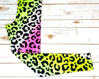 Kids Brushed Poly Leggings, Neon Animal Print Leggings, Pink Animal Leggings, Yellow Neon Animal Print Leggings, DayGlo Neon Animal Leggings